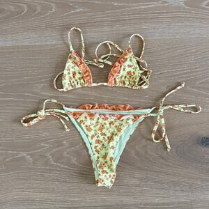 Blackbough Bikinis Marla Ruffled Top in Agave String Cheeky Bottoms in Yellow